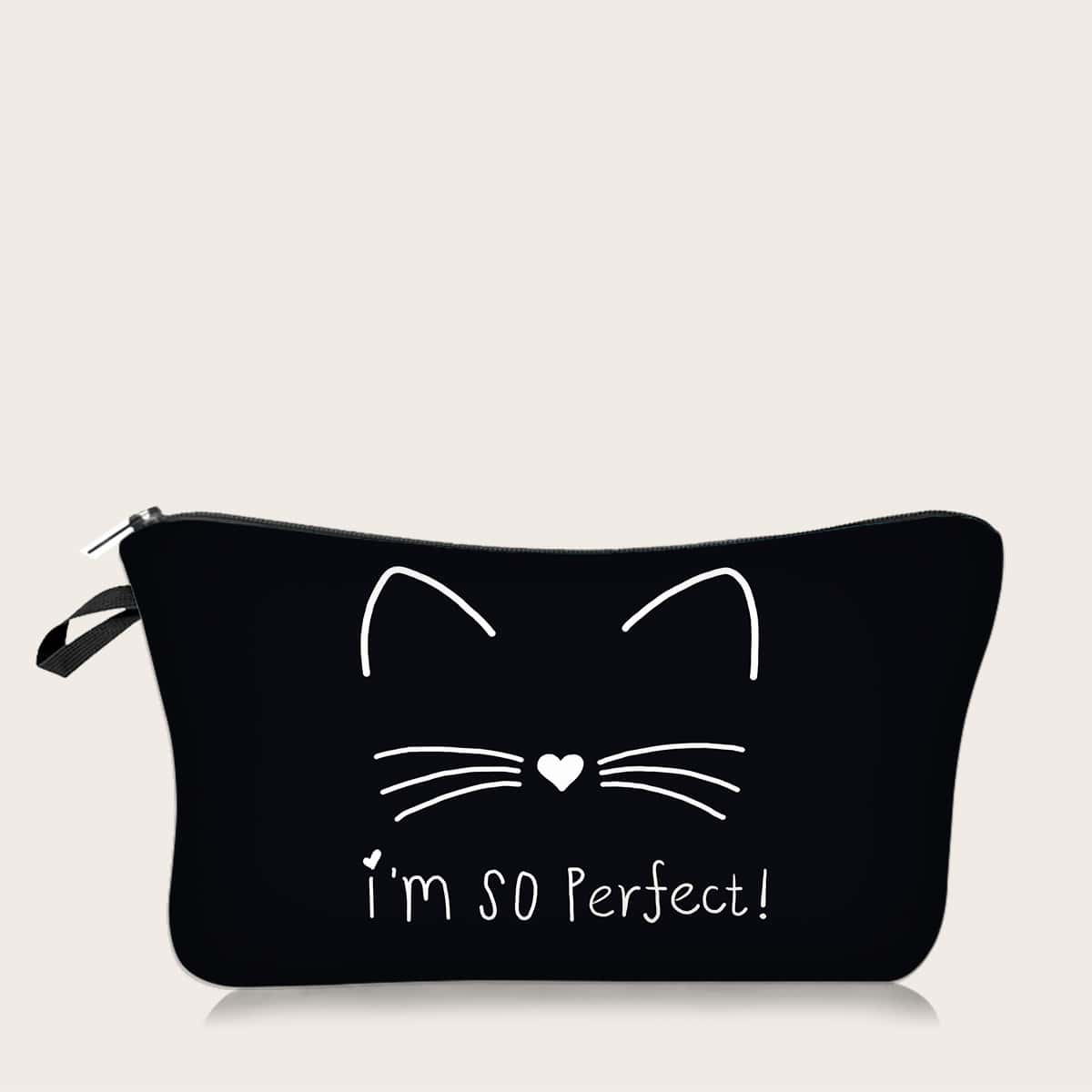 

Cat Pattern Makeup Bag, Black