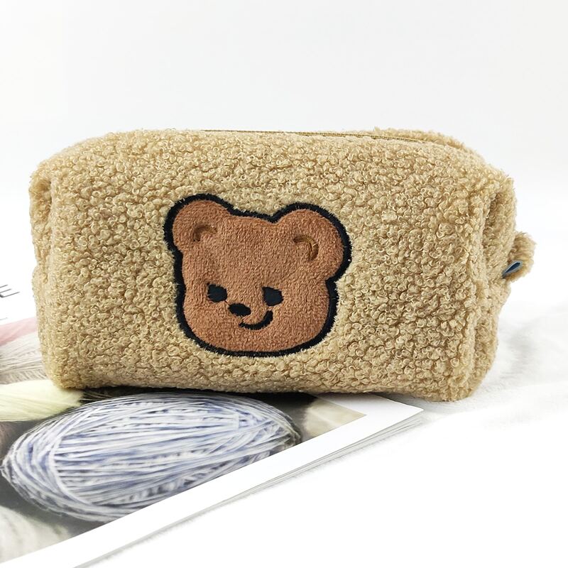 

1pc Cartoon Bear Patch Plush Pencil Bag, Khaki