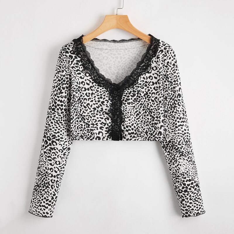 Leopard Lace Trim Crop Tee, Black and white