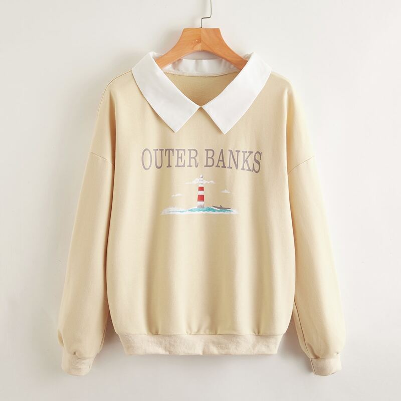 

Contrast Collar Letter Graphic Sweatshirt, Apricot