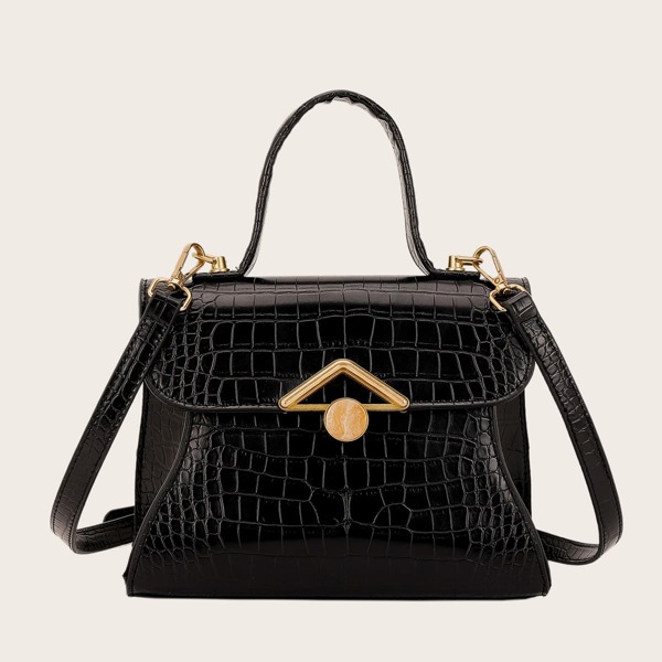 

Croc Embossed Flap Satchel Bag, Black