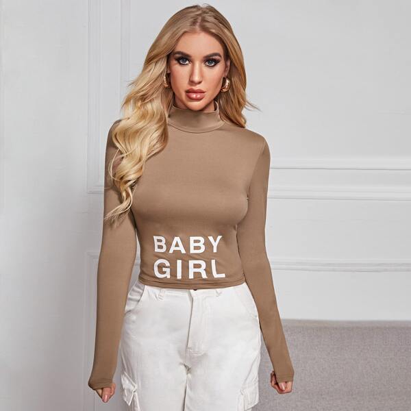 

Funnel Neck Letter Graphic Slim Tee, Khaki