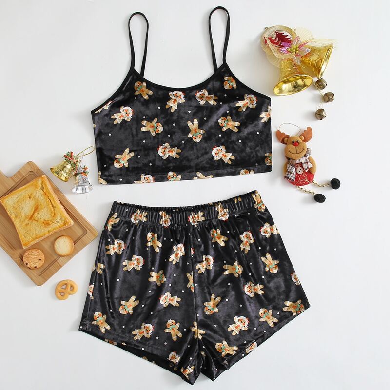 

Velvet Christmas Gingerbread Man Print PJ Set, Black