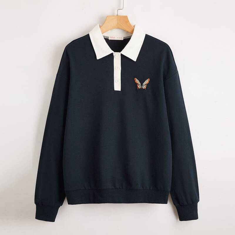

Butterfly Embroidery Polo Sweatshirt, Navy blue