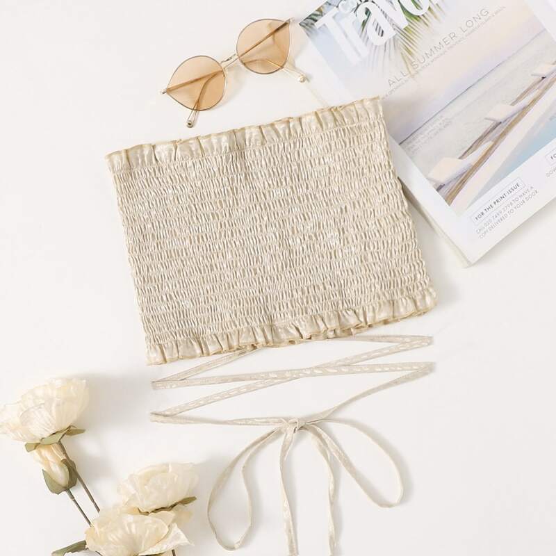 

Frill Hem Self-Tie Shirred Tube Top, Apricot