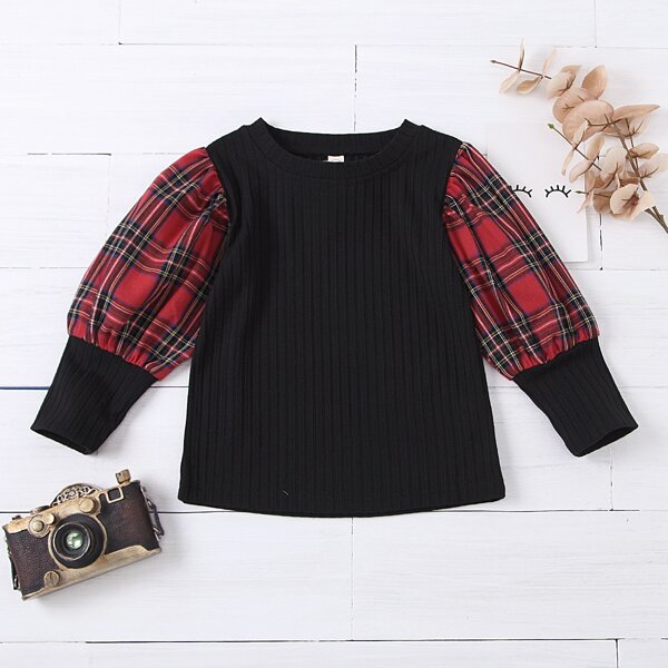 

Toddler Girls Tartan Panel Puff Sleeve Tee, Black