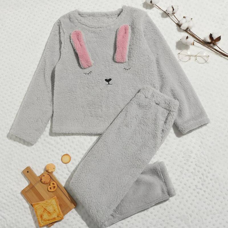 

3D Rabbit Ear Design Embroidery Teddy Pajama Set, Grey