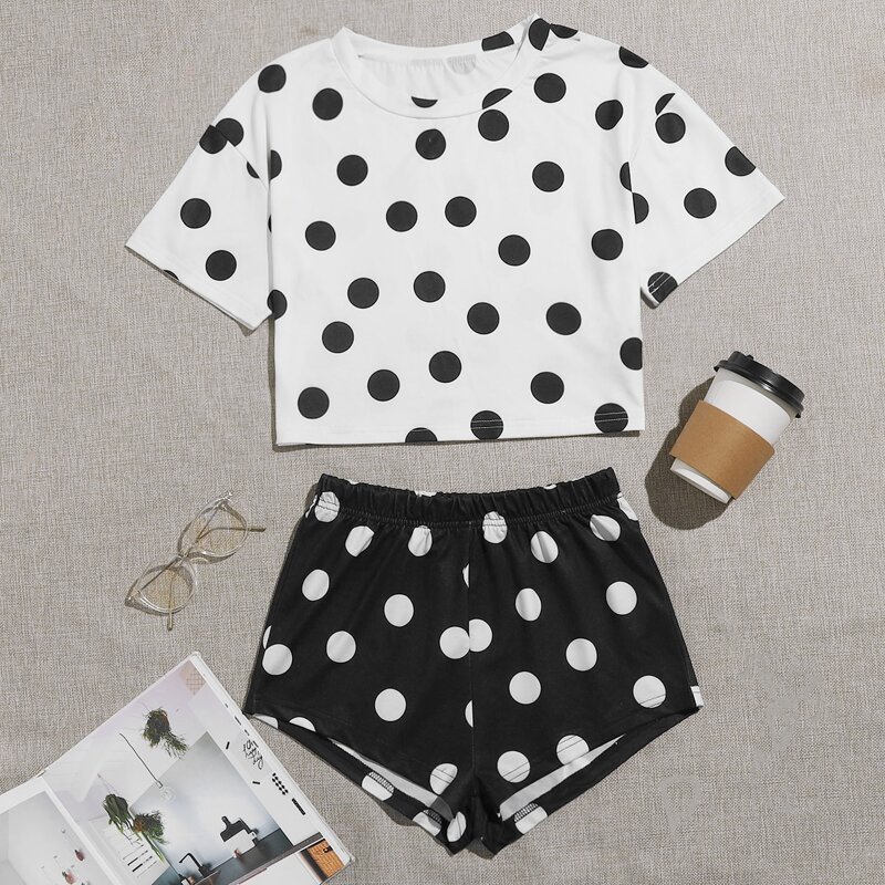 

Polka Dot Pajama Set, Black and white