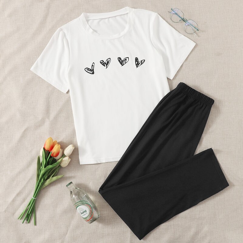 

Heart Print Pajama Set, Black and white