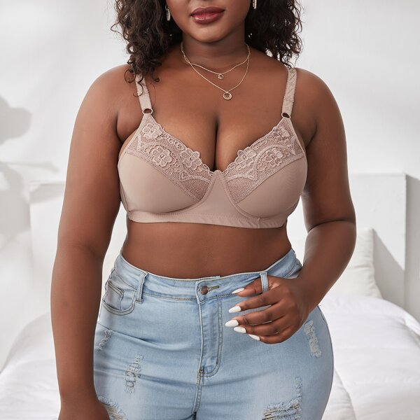 

Plus Contrast Lace Underwire Bra, Dusty pink
