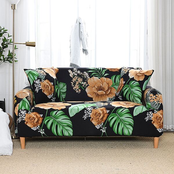 

Flower Print Stretchy Sofa Cover Without Cushion, Black