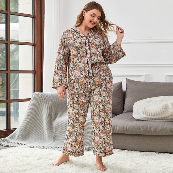 

Plus Allover Print Button Up Pajama Set, Multicolor
