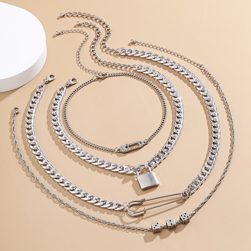 

4pcs Rhinestone Safety Pin & Lock Chain Necklace, Silver