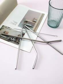 4pcs Stainless Steel Straw & 1pc Cleaning Brush - Silver - View 2