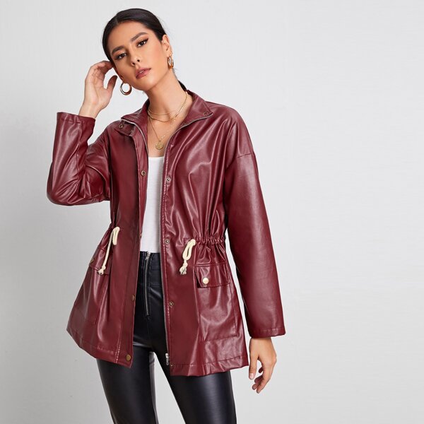 

Drawstring Waist Pocket Front PU Leather Coat, Maroon