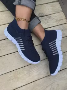Lace Up Decor Mesh Panel Knit Sneakers - Royal Blue - View 1