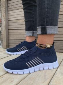 Lace Up Decor Mesh Panel Knit Sneakers - Royal Blue - View 3
