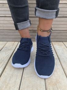Lace Up Decor Mesh Panel Knit Sneakers - Royal Blue - View 4