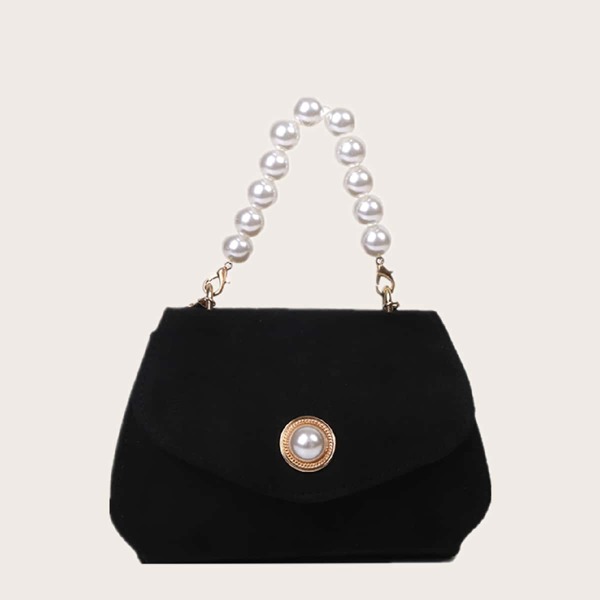 

Faux Pearl Decor Flap Satchel Bag, Black