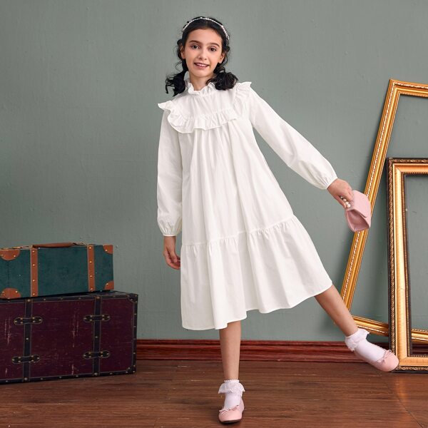 

Girls Ruffle Trim Lantern Sleeve Self Belted Dress, White