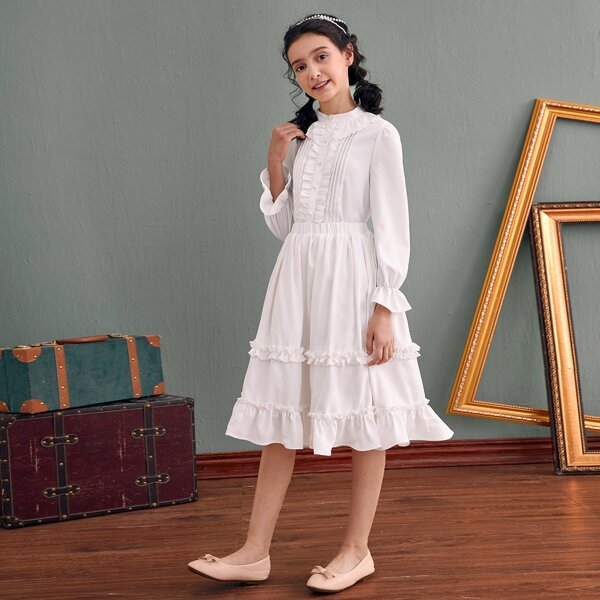 

Girls Ruffle Trim Blouse and Skirt Set, White
