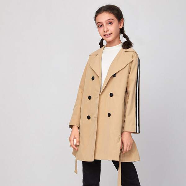 

Girls Contrast Striped Side Flounce Hem Trench Coat, Khaki