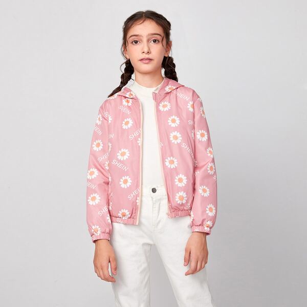 

Girls Letter & Ditsy Print Wind Jacket, Dusty pink