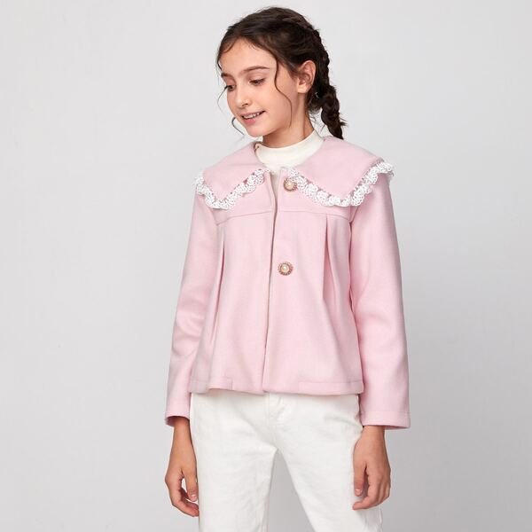 

Girls Statement Collar Lace Trim Coat, Baby pink