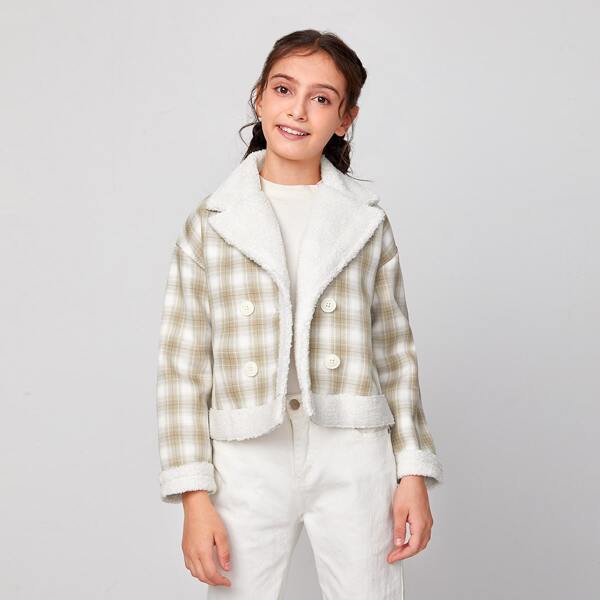 

Girls Double Breasted Plaid Teddy Lined Jacket, Multicolor