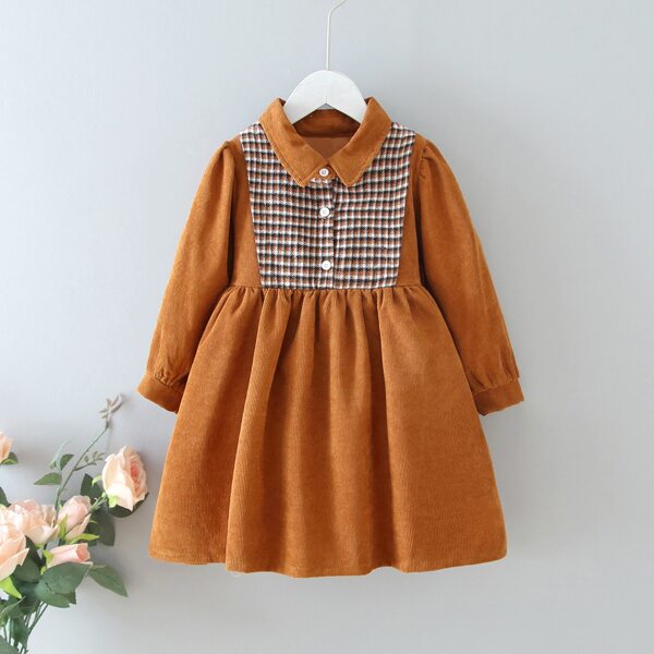 

Toddler Girls Contrast Plaid Panel Belted Corduroy Dress, Brown