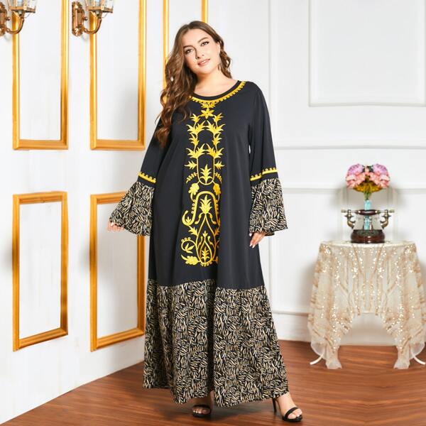 

Plus Plants Embroidery Flounce Sleeve Maxi Smock Dress, Black