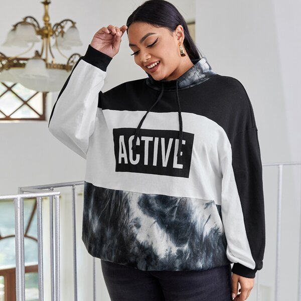 

Plus Letter Graphic Tie Dye Colorblock Hoodie, Black and white
