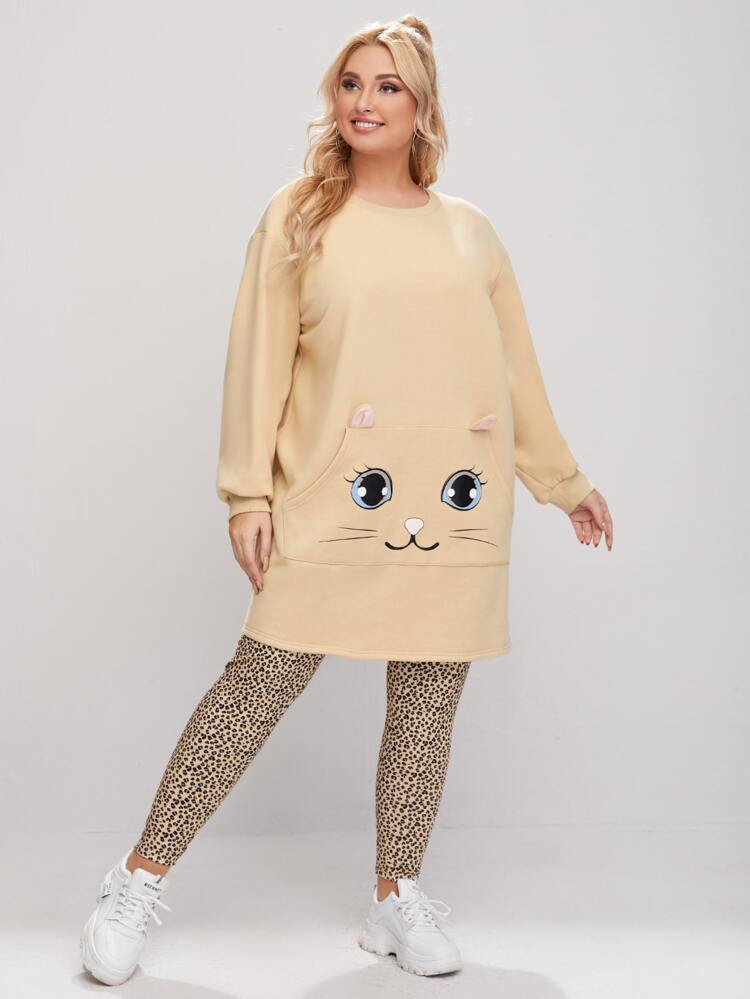 Plus Cartoon Print Pullover & Leopard Leggings Set