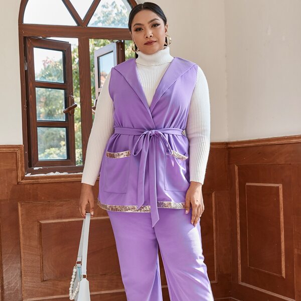

Plus Pocket Front Belted Top & Pants Set, Lilac purple