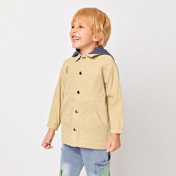

Toddler Boys Pocket Front Contrast Hooded Coat, Khaki