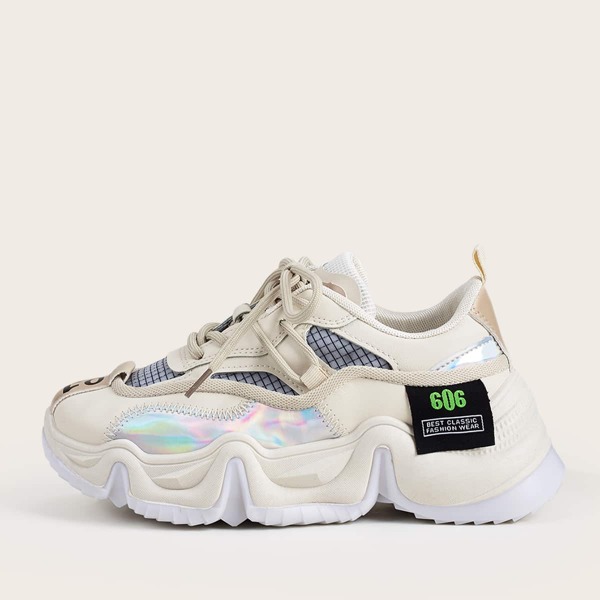 

Lace Up Front Holographic Panel Chunky Sneakers, Beige