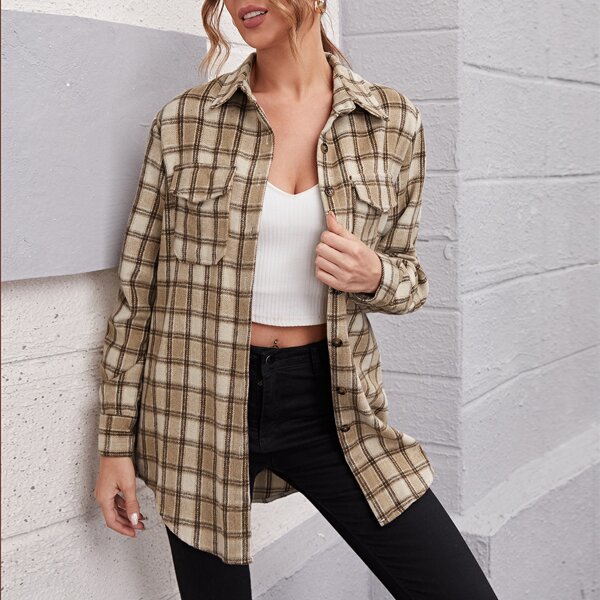 

Plaid Button Up Curved Hem Coat, Khaki