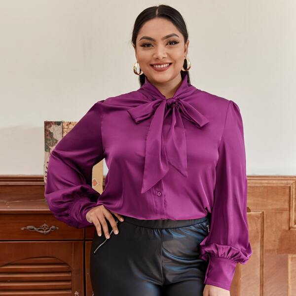 

Plus Tie Neck Lantern Sleeve Satin Blouse, Purple