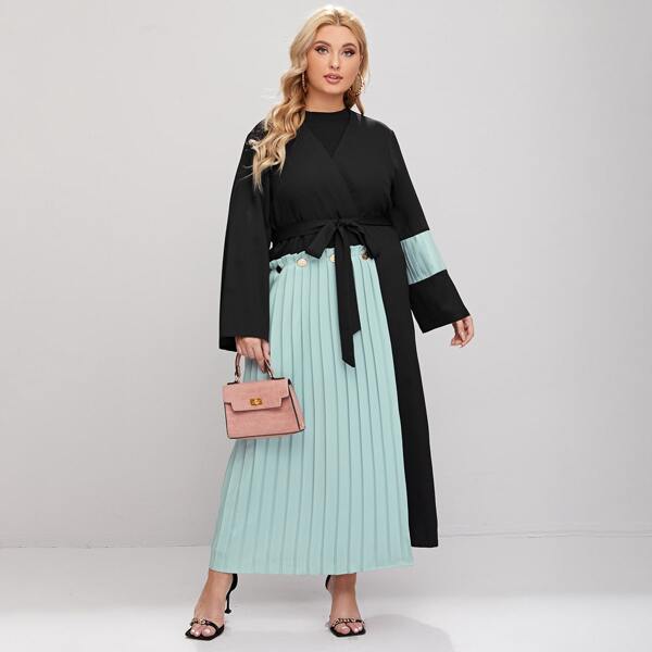 

Plus Contrast Pleated Panel Self Belted Kimono, Multicolor