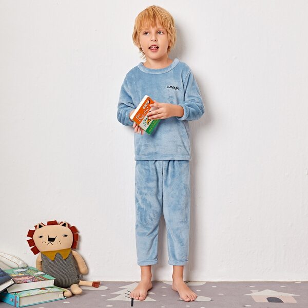 

Toddler Boys Letter Embroidery Flannel PJ Set, Dusty blue