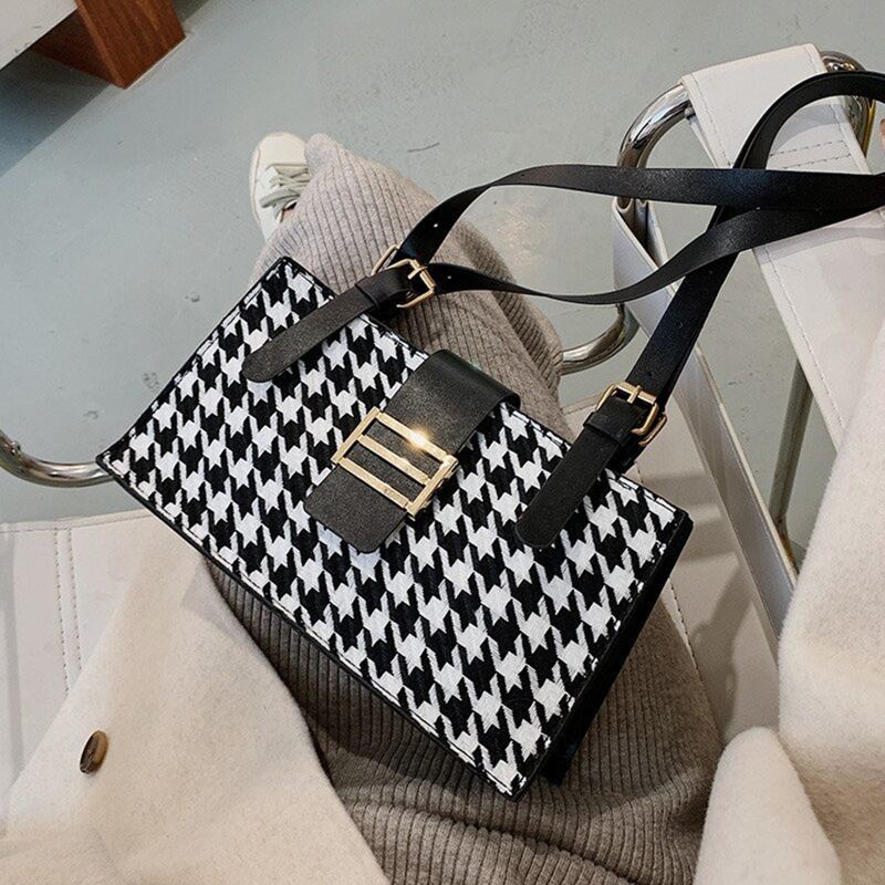 

Houndstooth Buckle Shoulder Bag, Black and white