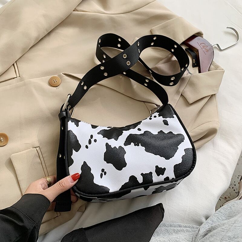 

Cow Print Baguette Bag, Black and white