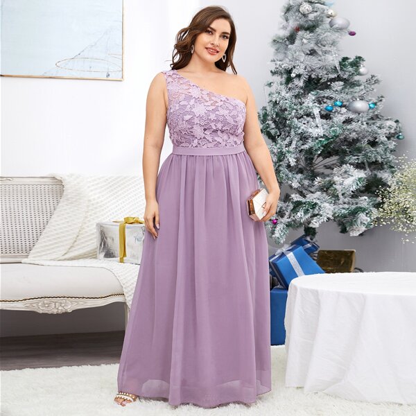 

Plus One Shoulder Guipure Lace Panel Chiffon Prom Dress, Lilac purple