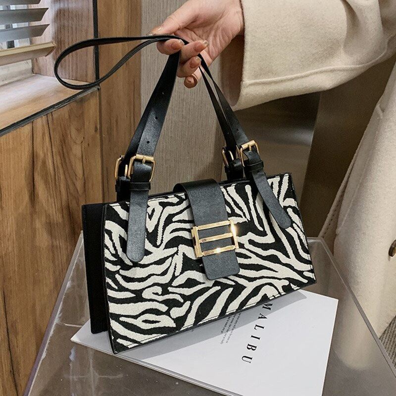 

Zebra Striped Shoulder Bag, Black and white