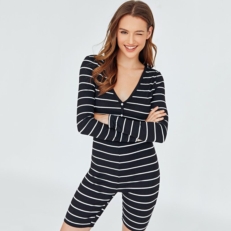 

V-neck Rib-knit Striped Button Placket Romper, Black