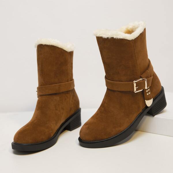

Buckle & Studded Decor Warm Suede Boots, Camel