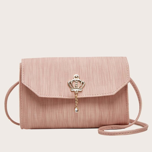 

Metal Crown Decor Flap Crossbody Bag, Pink