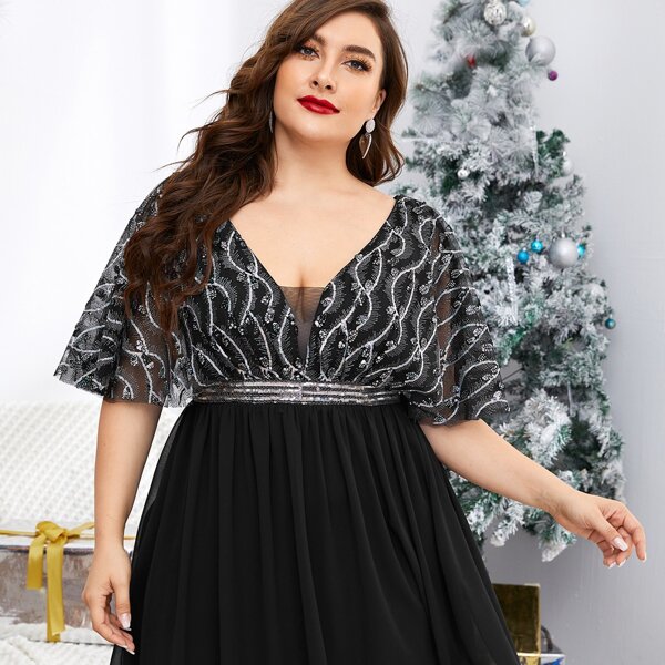 

Plus Contrast Sequin Cape Dress, Black
