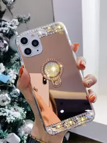 Luxury Fashionable & Gemstone Decor Electroplating Mirror Phone Case With Bracket compatible with iphone 15 Pro Max/14 Plus