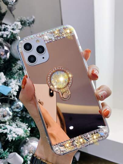 حالة الماس بديكور حجر الراين تصميم مرآة متوافق مع iPhone مع حامل حلقي